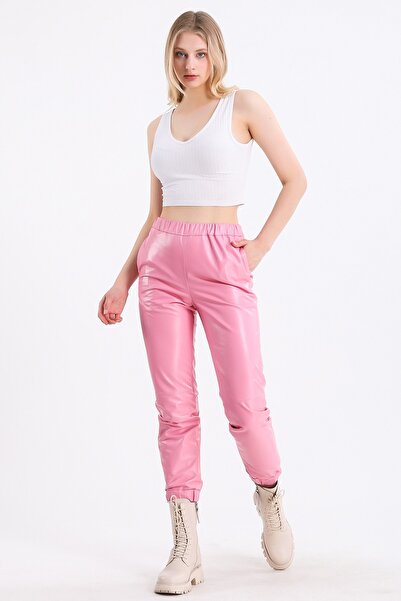 Leather Club Pembe Spor Fit Deri Pantolon