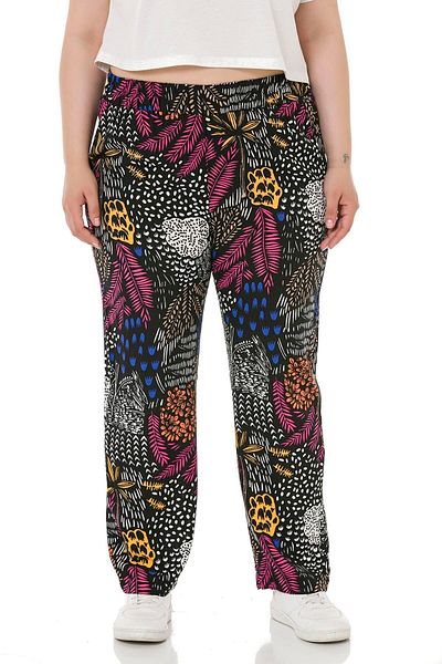 DISENTIS MODEST Large Size Patterned Woven Viscose Black Trousers with Elastic Waist Pockets