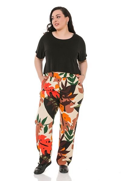 DISENTIS MODEST Plus Size Patterned Woven Viscose Ecru Trousers with Elastic Waist Pockets