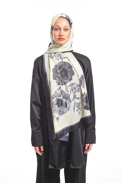19V69 ITALIA White Black Shawl Floral Pattern Pavia Series with Scarf Hanger and Gift Set 90x200 Cm