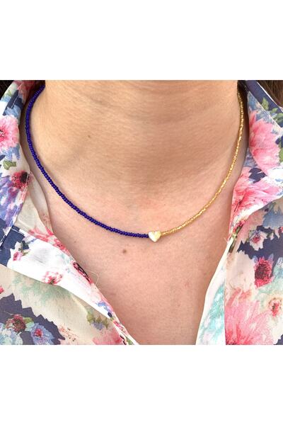 Atelier Çağla Dark Blue Gold Bead Necklace with Heart