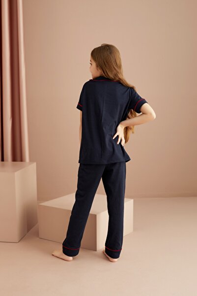 Siyah İnci Navy Blue Red Cotton Buttoned Pocketed Short Sleeve Pajama Set