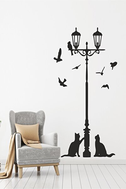 Sticker Sepetim Sokak Lambası Kuşlar Ve Kediler Duvar Sticker
