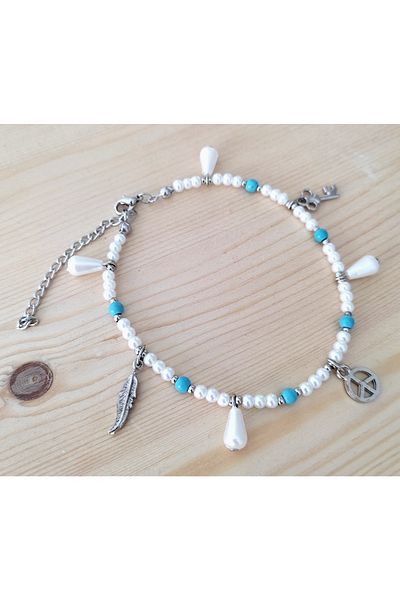 HALHALMILL Silver Colored Dangle Anklet with Blue Beaded Pearls