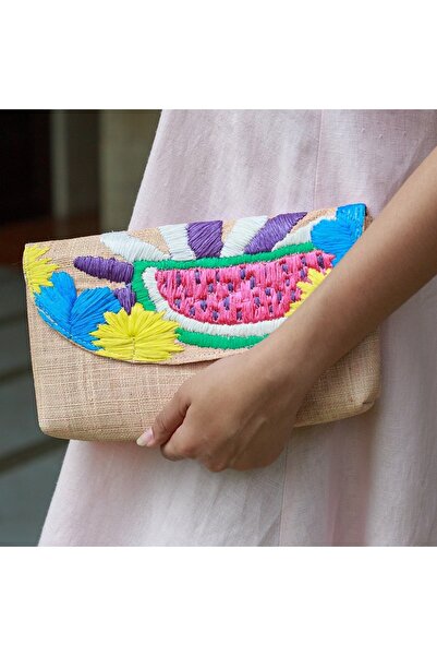 Beng Artisans Andi Embroidered Envelope Clutch El Yapımı Organik Hasır Clutch