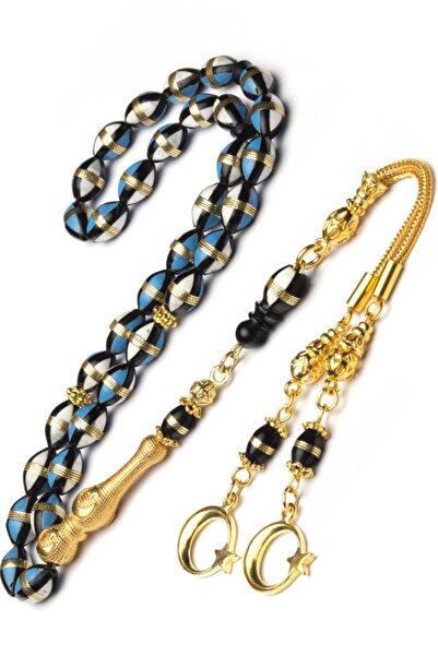 OTTOTESBİH Altın Kaplama 925 Ayar Gümüş Aksesuarlı Ayyıldız Model Mavi Mine Ve Deve Kemiği Işlemeli Kuka Tesbih