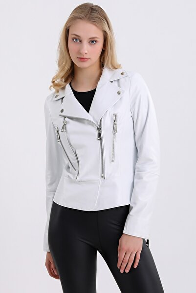 Leather Club Beyaz Fitted Kruvaze Deri Ceket
