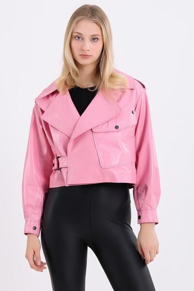 Leather Club Pembe Crop Deri Ceket