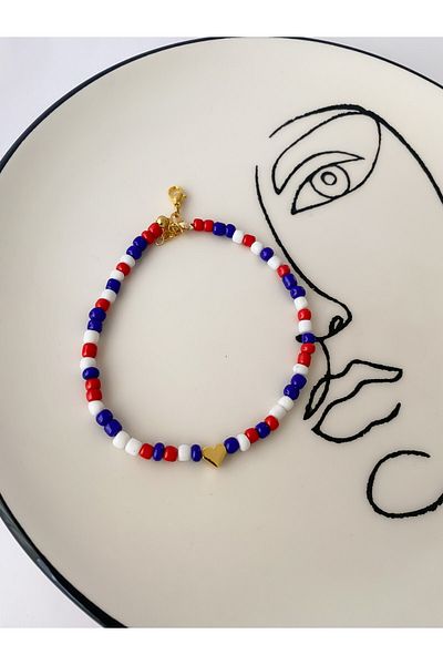Lucky Designs Gold Heart Plate Red White Laci Bead Anklet