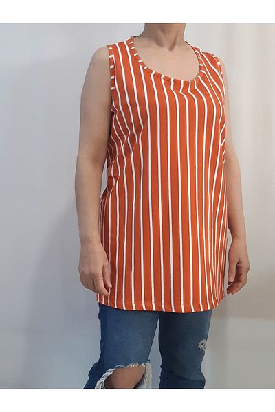 Mertcan Butik Orange and White Striped Strap Combed Cotton Viscose T-Shirt