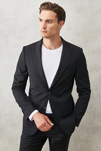 ALTINYILDIZ CLASSICS Erkek Siyah Yünlü Slim Fit Dar Kesim Kırlangıç Yaka Düz ...