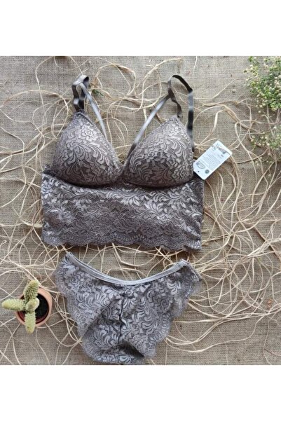 MimasBoutique35 Dantelli Bralet Gri Takım