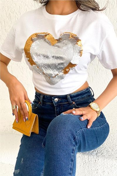 FEMELLE Tricou de damă din bumbac brodat cu paiete inimă