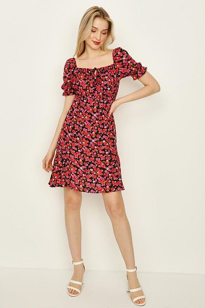 Select Moda Rochie mini de damă roșie cu imprimeu floral cu guler pentagonal și mânecă cu balon