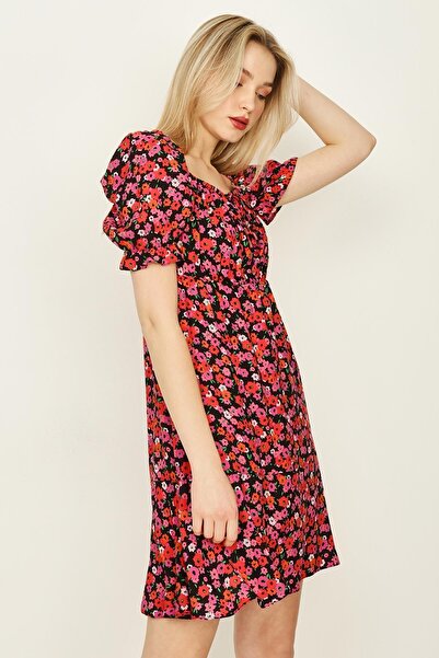 Select Moda Γυναικείο Μίνι Φόρεμα με Κόκκινο Λουλούδι με Πεντάγωνο Γιακά Μπαλόνι μανίκι