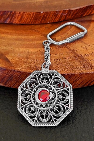 Aykat Taşlı Ay Yıldız Oksitli Gümüş Anahtarlık Telkari Işlemeli 925 Ayar Ant-57