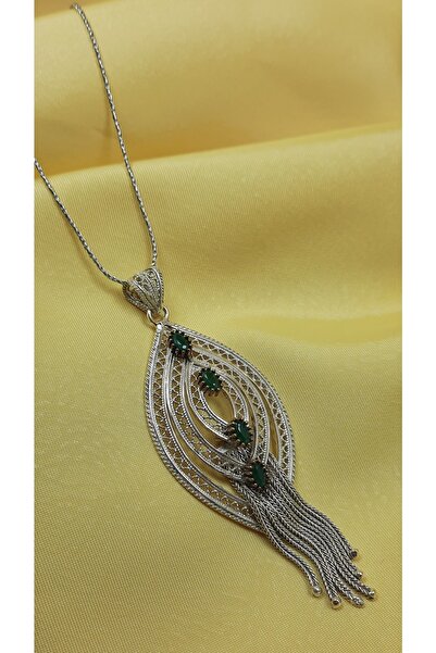 Altınışık Gümüşçülük 925 Ayar Gümüş Telkari Püsküllü Kolye Ucu Zümrüt Taşlı