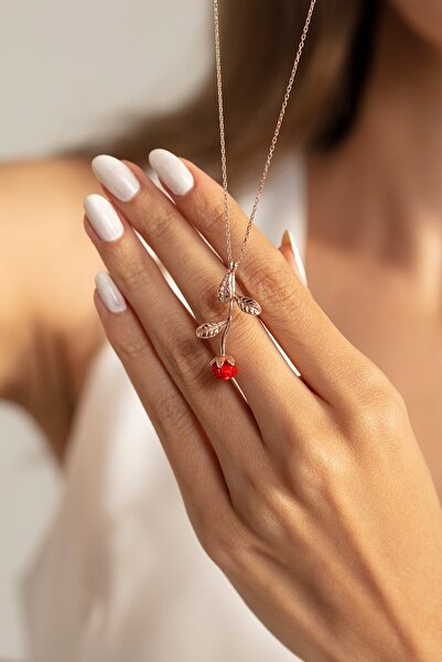 Eva Jewelry Kırmızı Gül Motifli 14k Rose Gold Kaplama Kadın Kolye