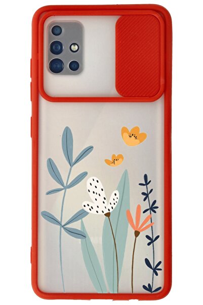 WANNA PROTECT Samsung Galaxy A71 Kırmızı Kamera Korumalı Sürgülü Çiçek Baskıl...