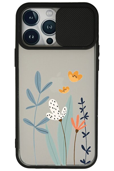 WANNA PROTECT Iphone 13 Pro Max Siyah Kamera Korumalı Sürgülü Çiçek Baskılı S...