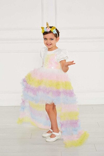 shopland Unıcorn Kuyruklu Kostüm Kız Çocuk Abiye Elbise Toka Taç Kabarık Pren...