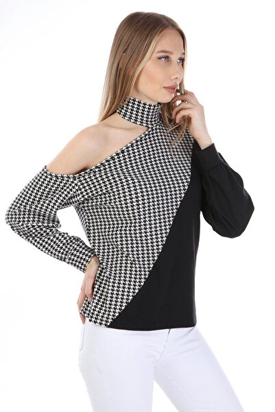 KİM Kİ O Women's Black and White Houndstooth Patterned Single Shoulder Blouse