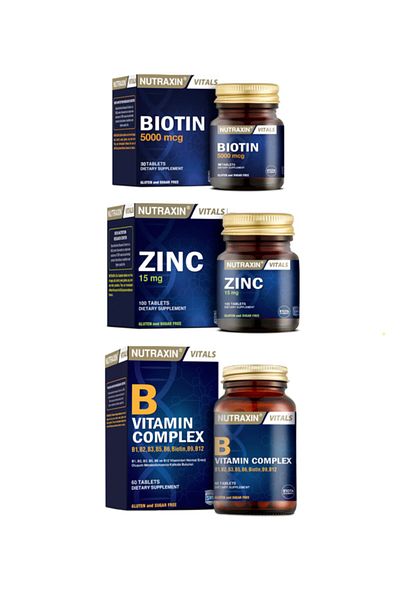 Nutraxin VitaminBComplex - 60 Tablets, Zinc 15 Mg, 100 Tablets,Biotin5000 Mcg, 30 Tablets