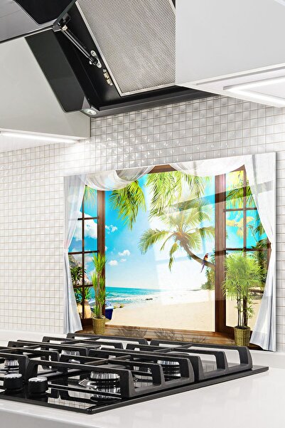 PRATİK DEKOR واقي خلفي للموقد الزجاجي مقاس 50 × 50 سم |   نافذة وشاطئ البحر