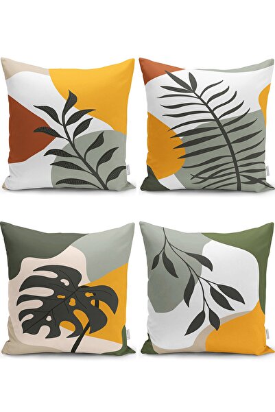 Realhomes مجموعة غطاء وسادة رمي حديثة بنمط أوراق الشجر الملونة على خلفية بيضاء