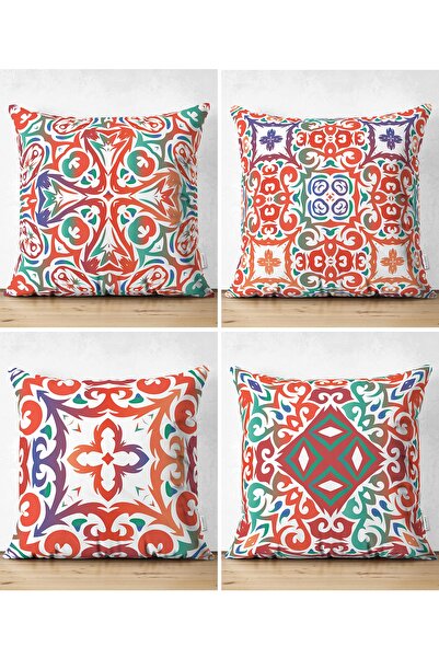 Realhomes 4'lü Çift Taraflı Beyaz Zemin Üzerinde Çini Desenli Modern Süet Yas...