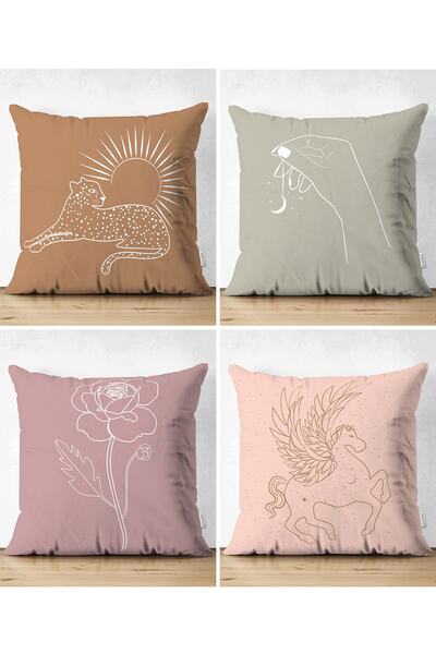 Realhomes 4'lü Çift Taraflı Renkli Zeminli Onedraw Çizimli Yaprak Desenli Mod...