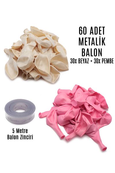 Lora Wedding 60 Pieces of White and Pink Mixed Metallic Balloons + 5 Meters Balloon Chain