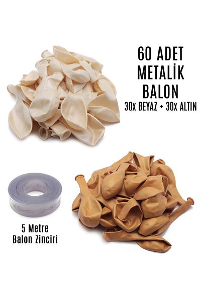 Lora Wedding 60 Pieces White And Gold Mixed Metallic Balloons + 5 Meters Balloon Chain