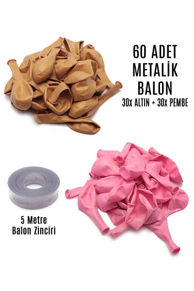 Lora Wedding 60 Pieces Gold And Pink Mixed Metallic Balloons + 5 Meters Balloon Chain