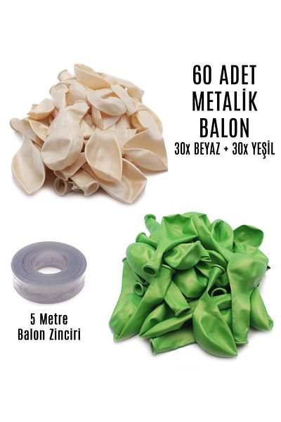 Lora Wedding 60 Pieces of White and Green Mixed Metallic Balloons + 5 Meters Balloon Chain
