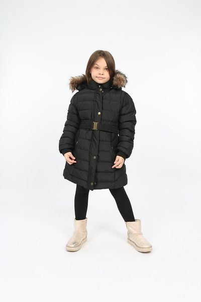 B&T Girl's Black Colored Puffer Coat with Belt, Removable Hood and Fur