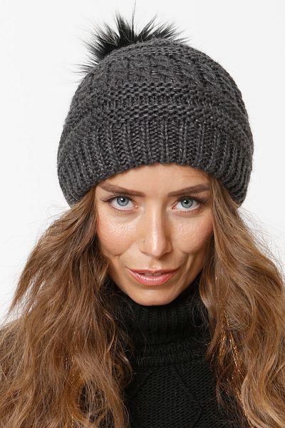 Vemod Women's Fur Pompom Lined Knitted Beret - Anthracite 91
