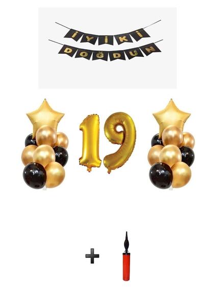 Şeker Adası Ηλικία 19 - Σετ πάρτι με μπαλόνια από χρυσό φύλλο + αντλία μπαλον...