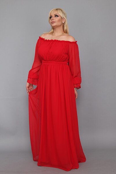 MODA LABİO Dökümlü Büyük Beden Kırmızı Elbise