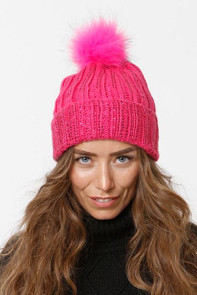 Vemod 75 Jewelled Folded Pompom Knitted Beanie - Fuchsia