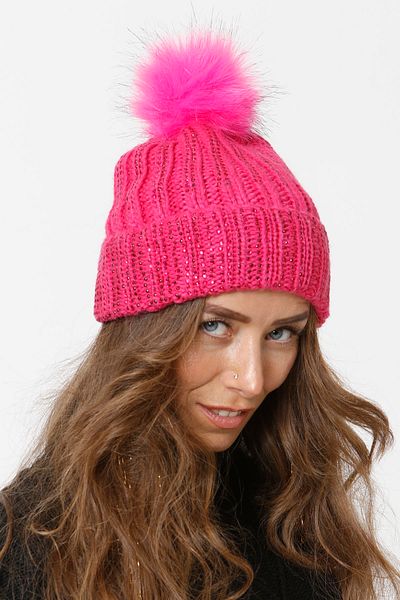 Vemod 75 Jewelled Folded Pompom Knitted Beanie - Fuchsia