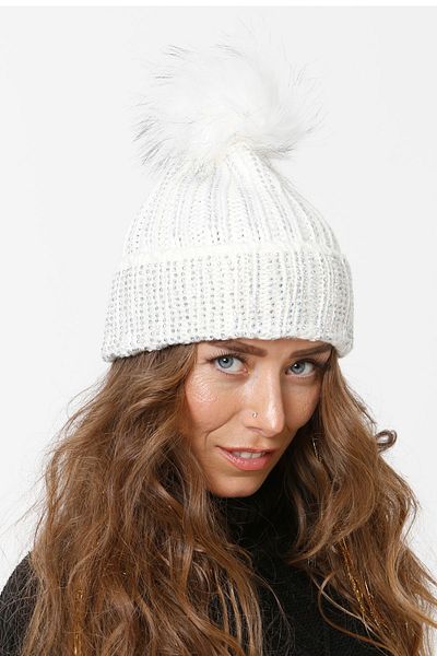Vemod 75 Jewelled Folded Pompom Knitted Beanie - Bone