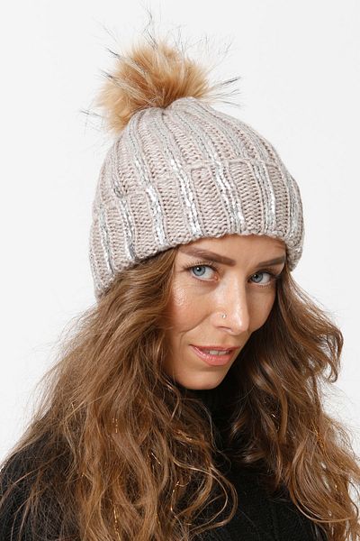 Vemod 75 Foil Printed Folded Pompom Knitwear Knitted Beanie - Stone