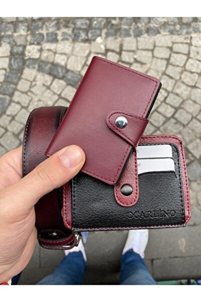 Carlino Erkek Bordo Mekanizmalı Kilitli Cüzdan Kemer Kartlık Set