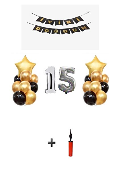 Şeker Adası 15 Years - Silver Silver Foil Balloon Party Set + Balloon Pump Gift!!-- Skradaparti153