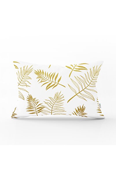 Realhomes غطاء وسادة رمي مستطيل حديث بنمط أوراق ثلاثية الأبعاد مع تفاصيل ذهبية
