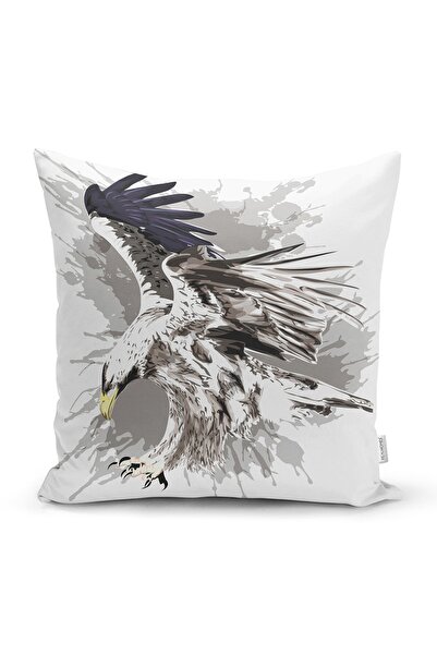 Realhomes Çift Taraflı Beyaz Zemin Üzerinde Kartal Jk Motifli Süet Kırlent Kı...