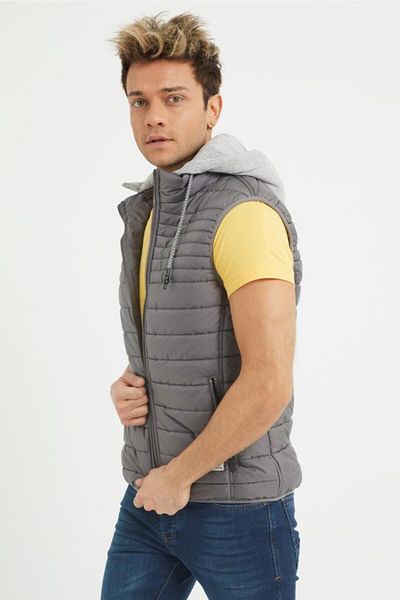Wise Men's Hooded Combed Cotton Lined Puffer Vest - Gray