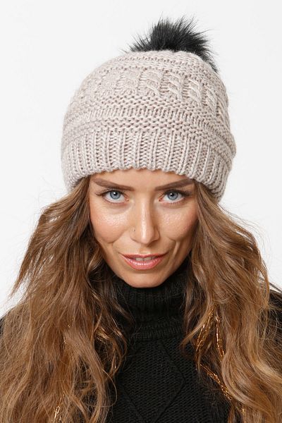 Vemod 91 Fur Pompom Lined Knitted Beanie - Stone