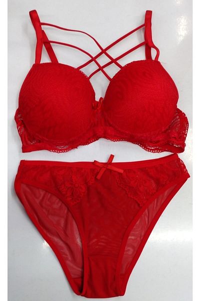 ÇamaŞırcıM Red Supported Bra Set with Cross Rope Detail